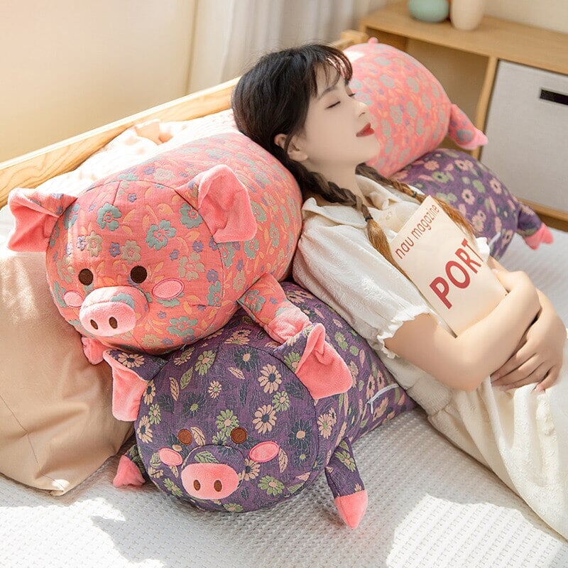 Floral Embroidered Pig Long Snuggle Buddy-Enchanted peach