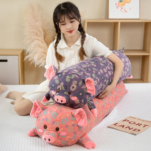 Floral Embroidered Pig Long Snuggle Buddy-Enchanted peach