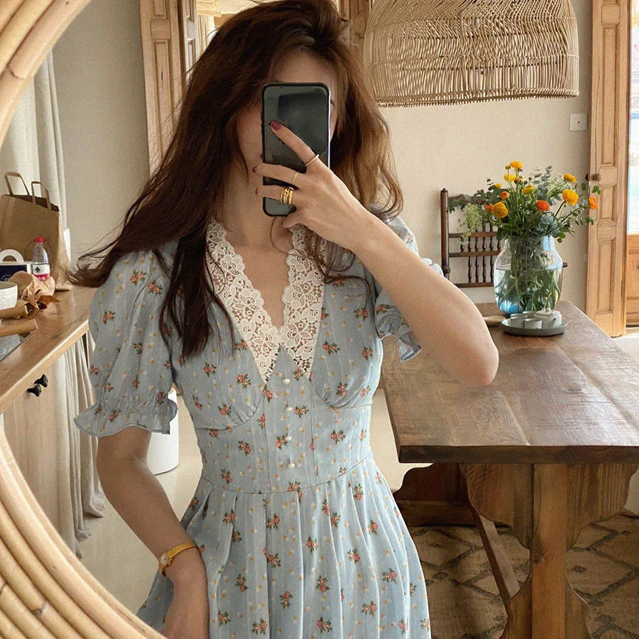 Floral Vintage Lace Cottage Dress-Enchanted peach