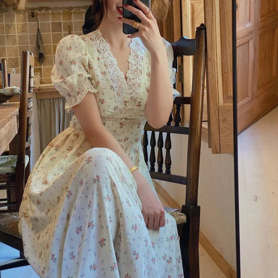 Floral Vintage Lace Cottage Dress-Enchanted peach