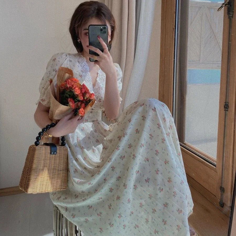 Floral Vintage Lace Cottage Dress-Enchanted peach
