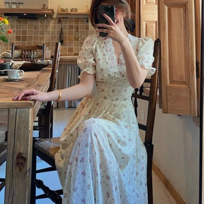 Floral Vintage Lace Cottage Dress-Enchanted peach