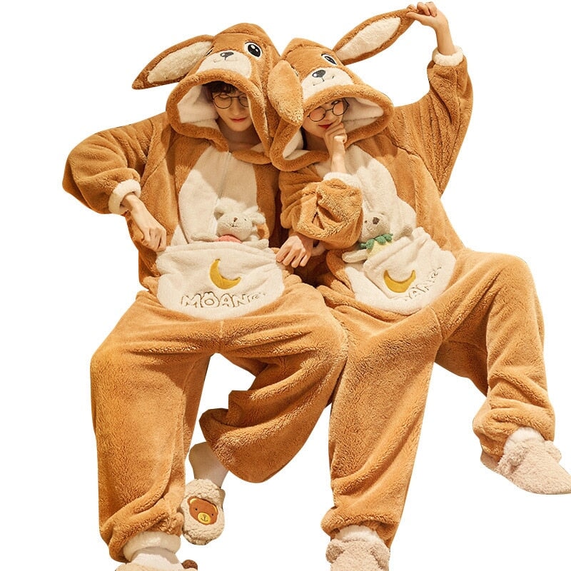 Fluffy Brown Bunny Adults Pyjama 1-Piece Set-Enchanted peach