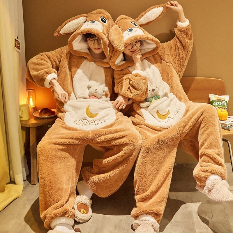 Fluffy Brown Bunny Adults Pyjama 1-Piece Set-Enchanted peach