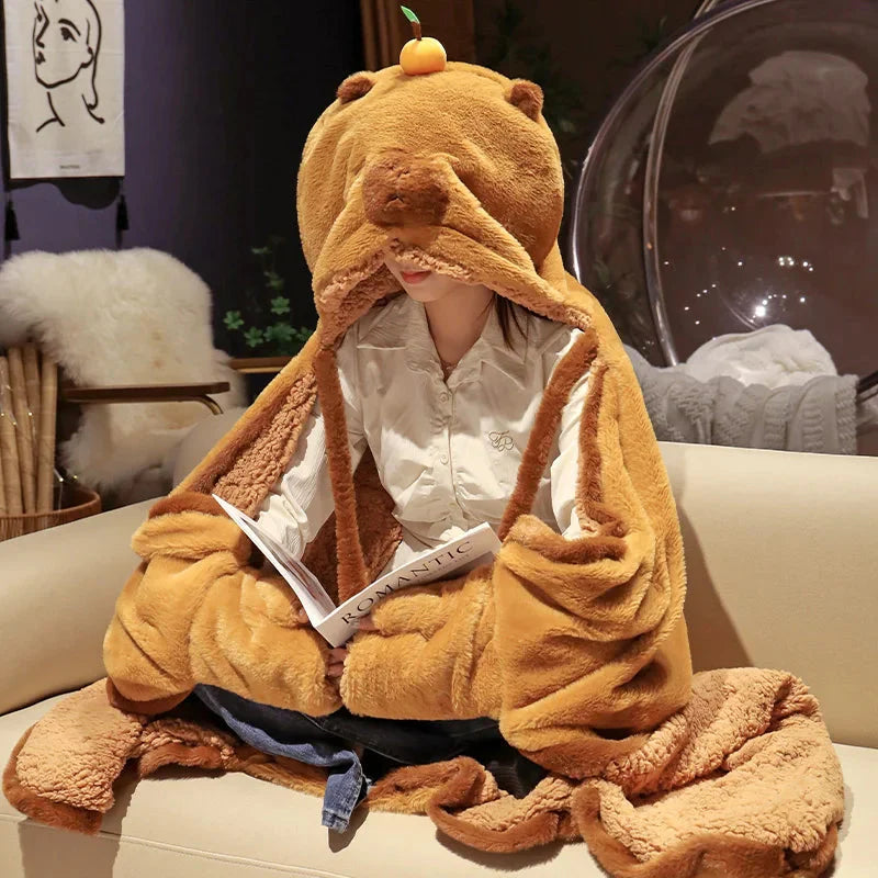 Fluffy Capybara Cloak Hooded Blanket Cape-Enchanted peach