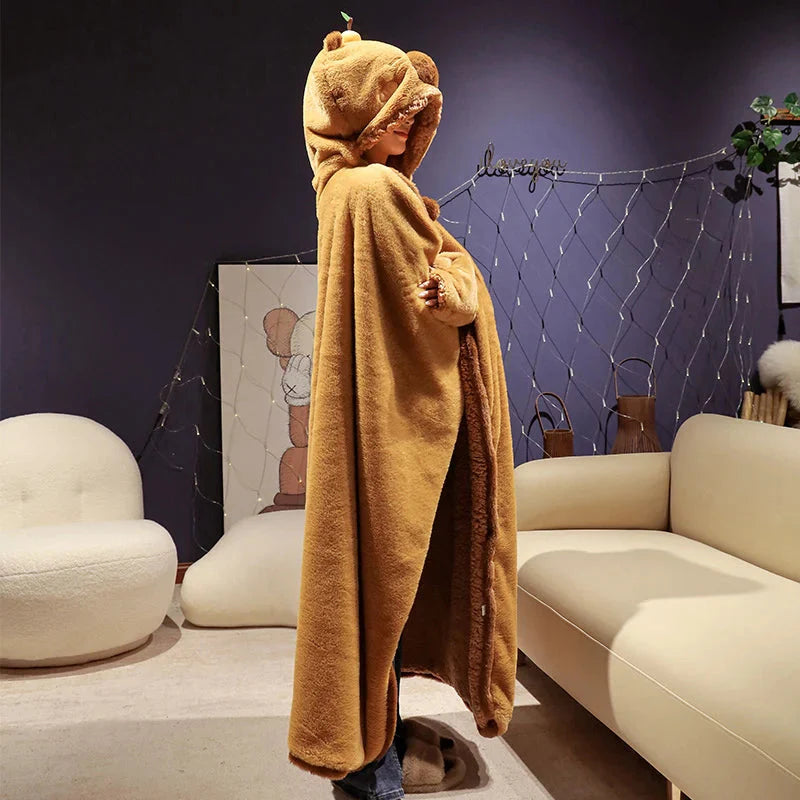 Fluffy Capybara Cloak Hooded Blanket Cape-Enchanted peach