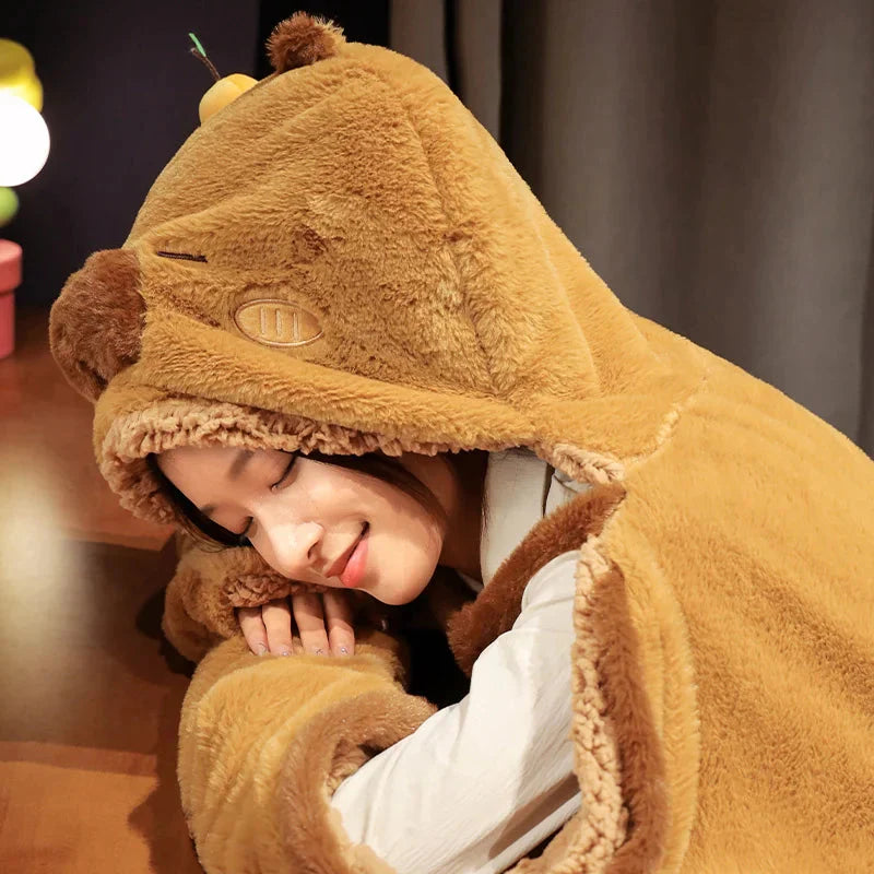 Fluffy Capybara Cloak Hooded Blanket Cape-Enchanted peach