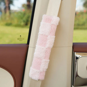 Fluffy Checkered Plush Car Seat Belt Cover Shoulder Strap Accessory-Enchanted peach