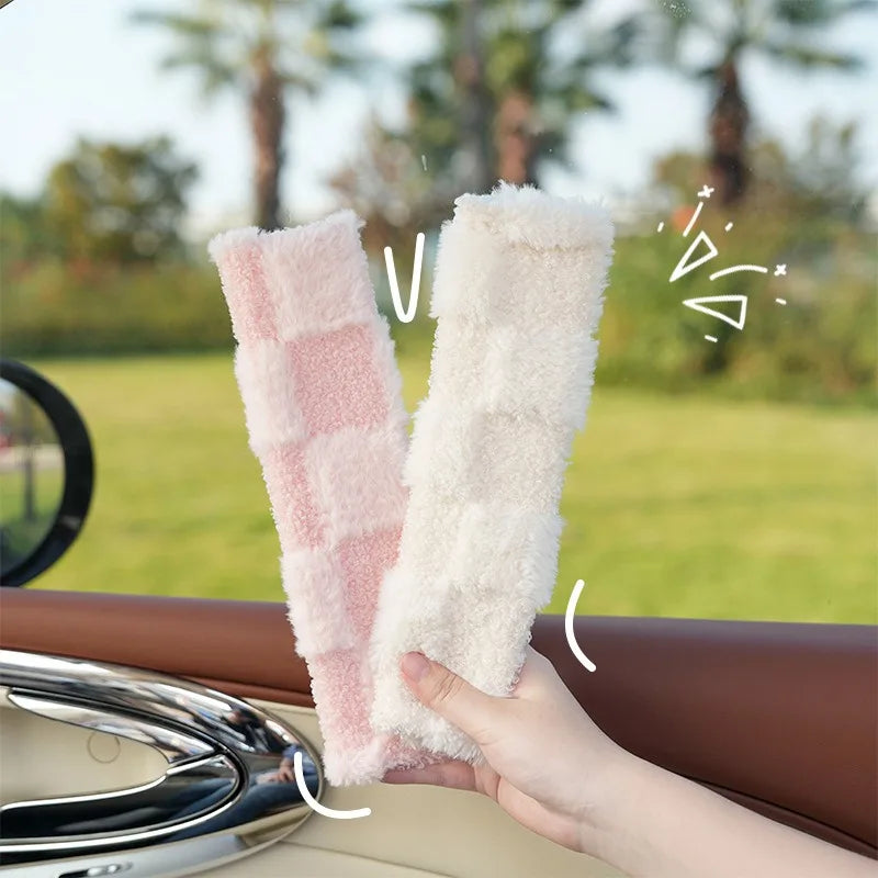 Fluffy Checkered Plush Car Seat Belt Cover Shoulder Strap Accessory-Enchanted peach