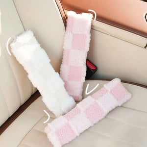 Fluffy Checkered Plush Car Seat Belt Cover Shoulder Strap Accessory-Enchanted peach