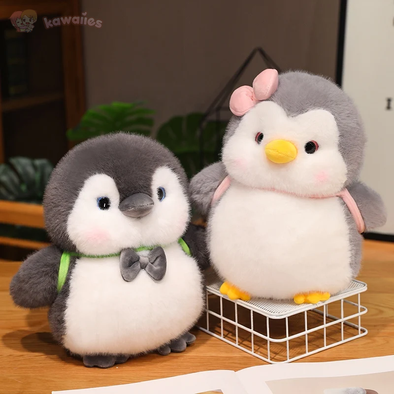 Fluffy Gray Penguin Plushie with Turtle Backpack-Enchanted peach