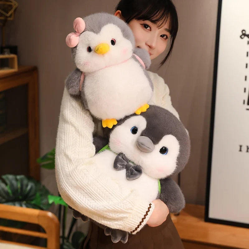 Fluffy Gray Penguin Plushie with Turtle Backpack-Enchanted peach