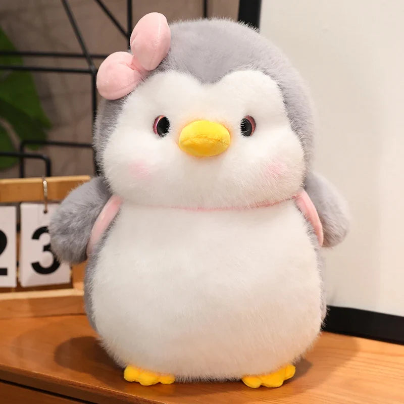 Fluffy Gray Penguin Plushie with Turtle Backpack-Enchanted peach