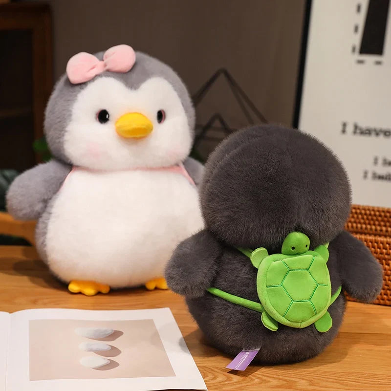 Fluffy Gray Penguin Plushie with Turtle Backpack-Enchanted peach