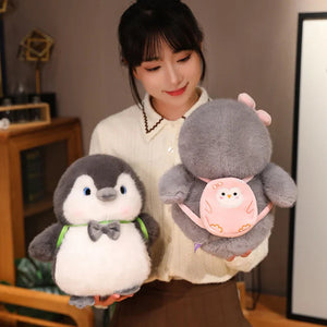 Fluffy Gray Penguin Plushie with Turtle Backpack-Enchanted peach