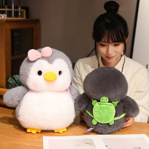 Fluffy Gray Penguin Plushie with Turtle Backpack-Enchanted peach