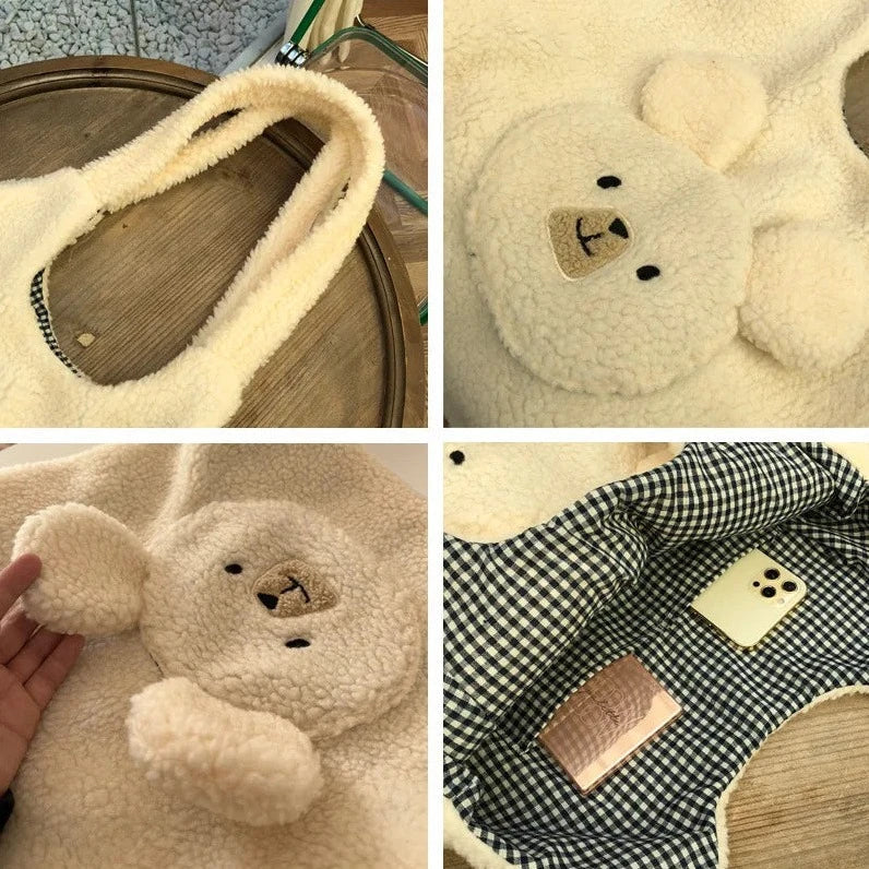 Fluffy Round Bear Tote Bag-Enchanted peach