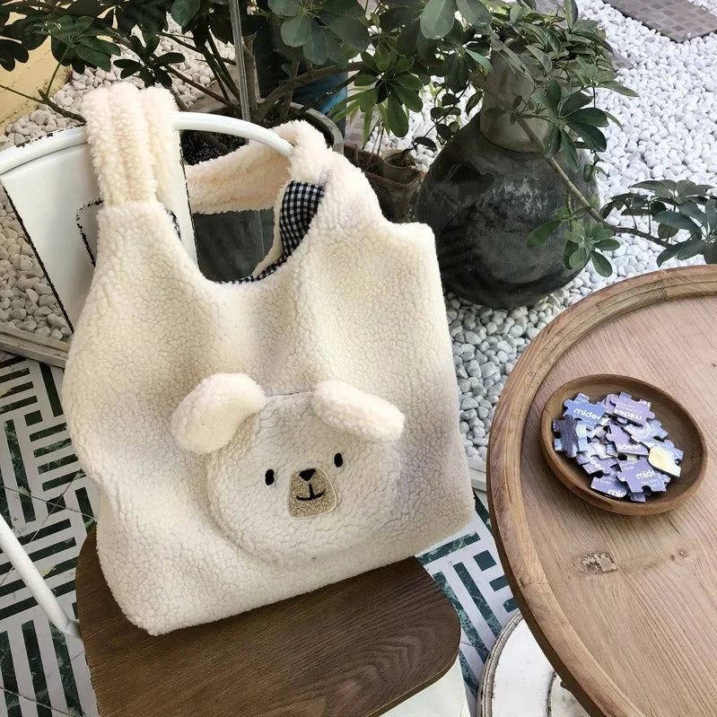 Fluffy Round Bear Tote Bag-Enchanted peach