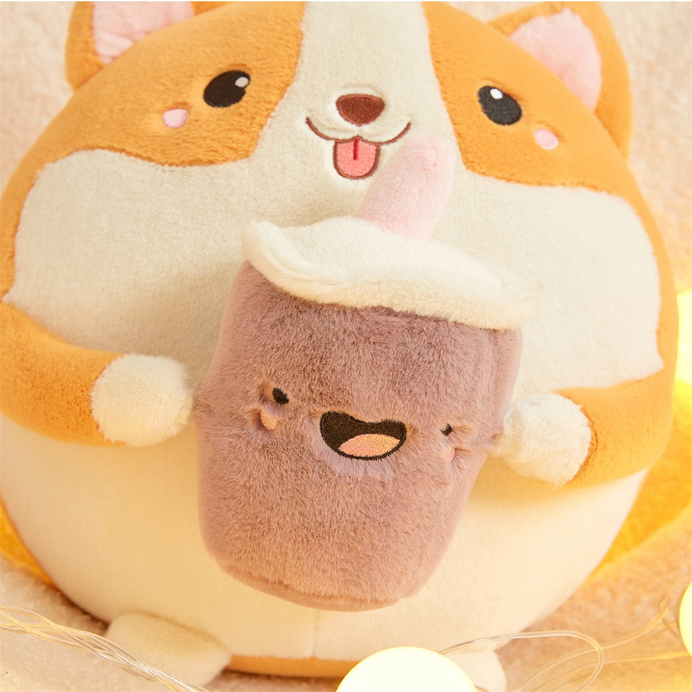 Fluffy Round Chubby Corgi Bubble Tea Plushie-Enchanted peach