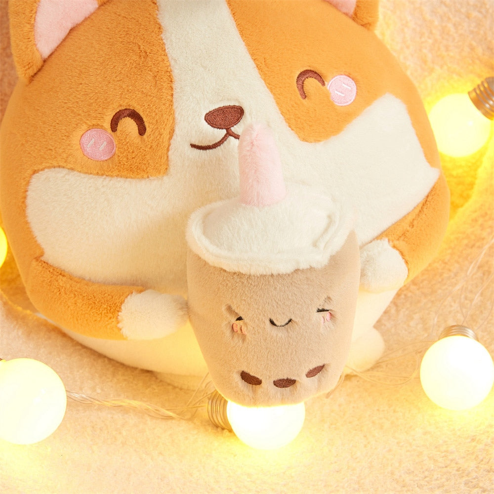 Fluffy Round Chubby Corgi Bubble Tea Plushie-Enchanted peach