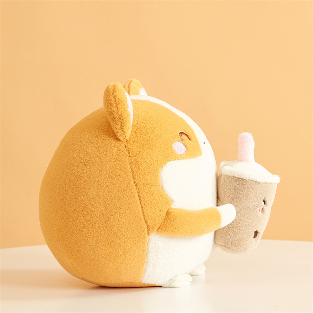 Fluffy Round Chubby Corgi Bubble Tea Plushie-Enchanted peach