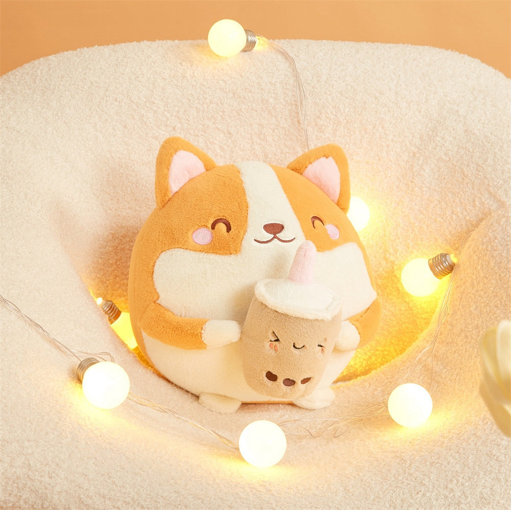 Fluffy Round Chubby Corgi Bubble Tea Plushie-Enchanted peach