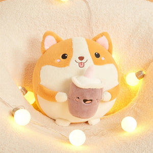 Fluffy Round Chubby Corgi Bubble Tea Plushie-Enchanted peach