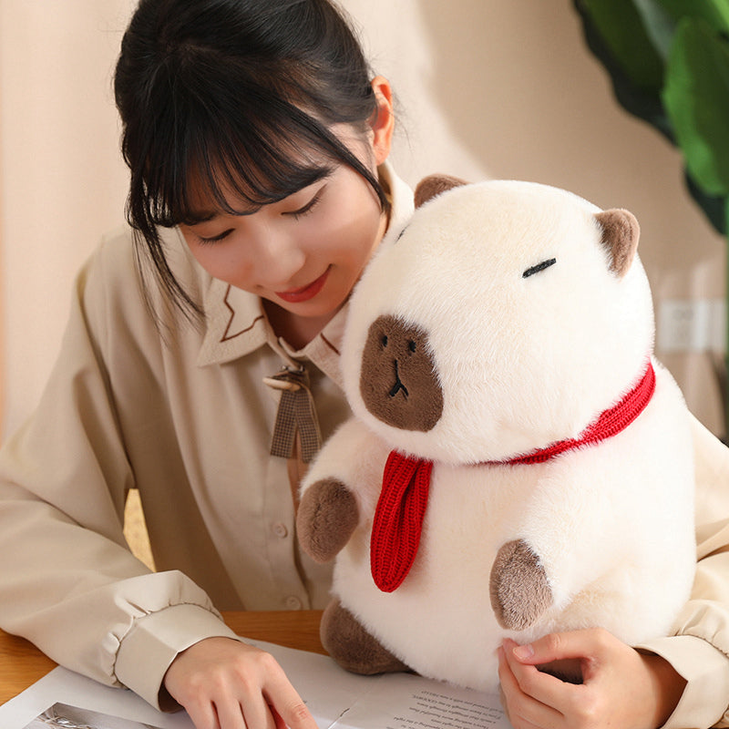 Fluffy White Brown Capybara with Scarf Plushie-Enchanted peach