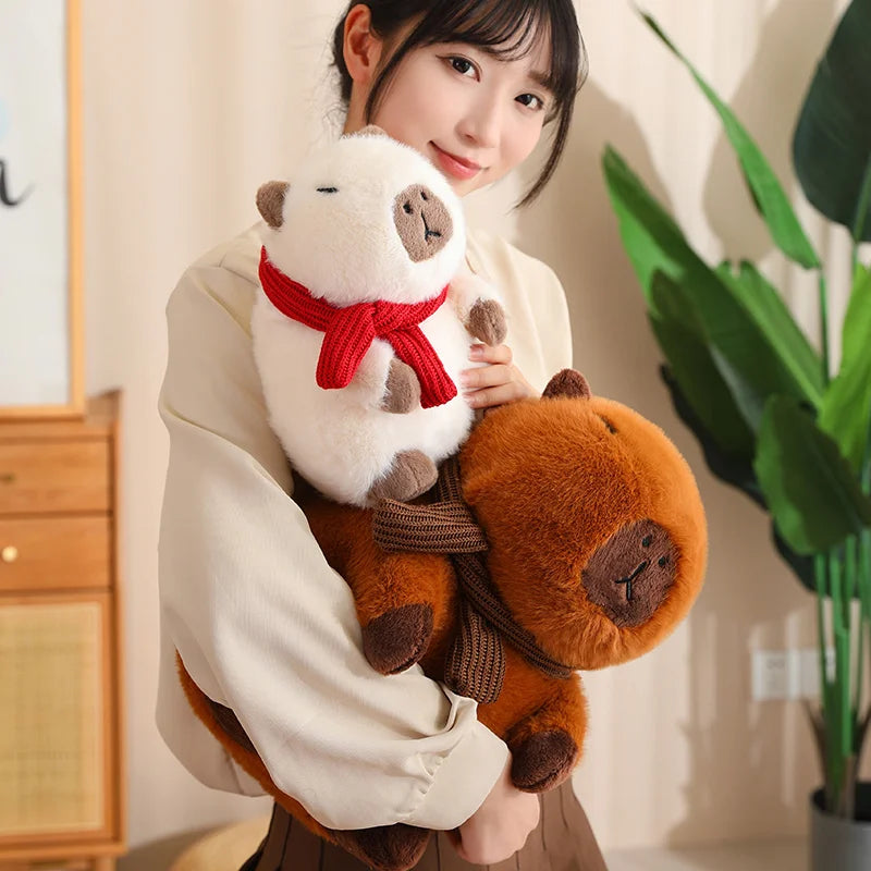 Fluffy White Brown Capybara with Scarf Plushie-Enchanted peach