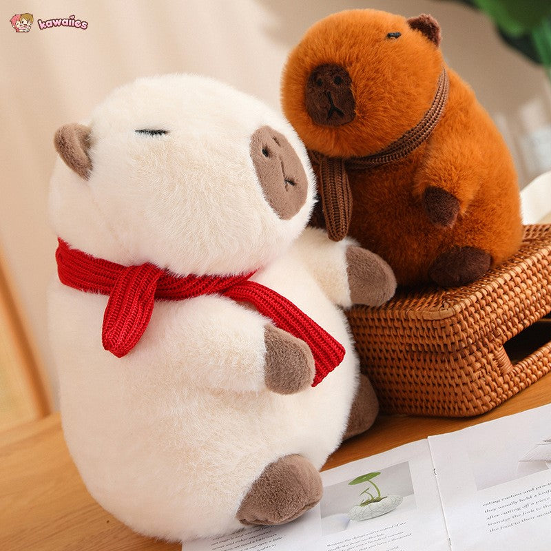 Fluffy White Brown Capybara with Scarf Plushie-Enchanted peach