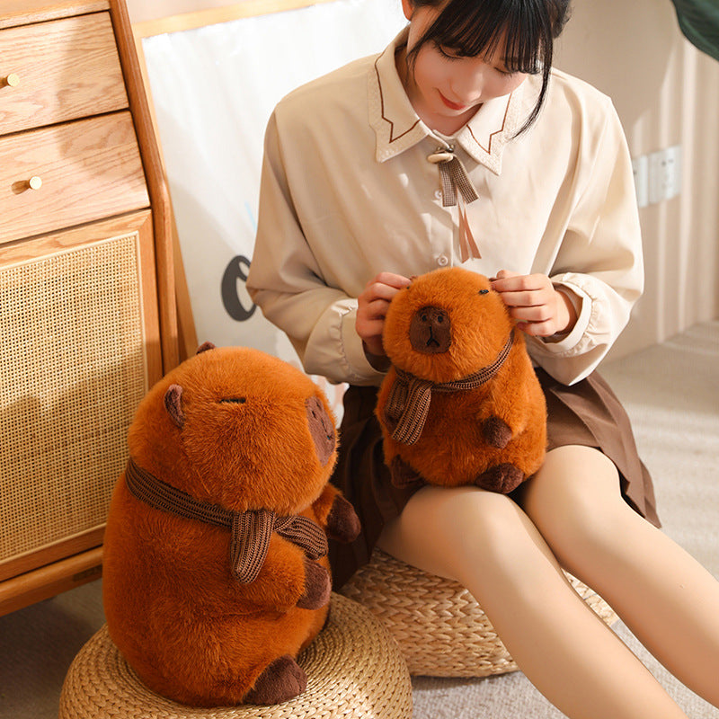 Fluffy White Brown Capybara with Scarf Plushie-Enchanted peach