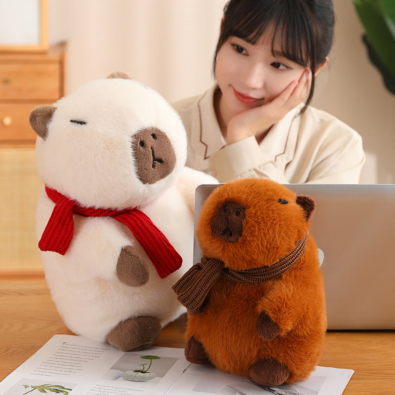 Fluffy White Brown Capybara with Scarf Plushie-Enchanted peach