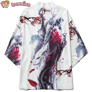 Fox Cranes Dragon Japanese Women Kimono Robe Cardigan-Enchanted peach