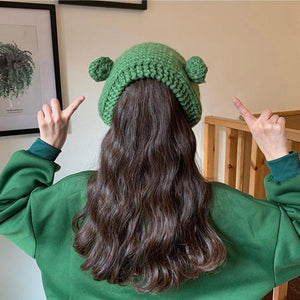 Frog Pom Pom Knit Beanie Hat-Enchanted peach