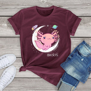 Galaxy Axolotl Landing on the Moon Cotton Tee-Enchanted peach