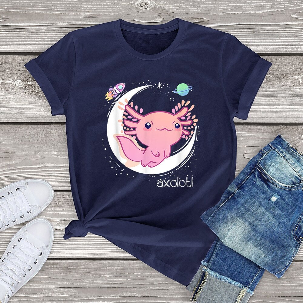 Galaxy Axolotl Landing on the Moon Cotton Tee-Enchanted peach