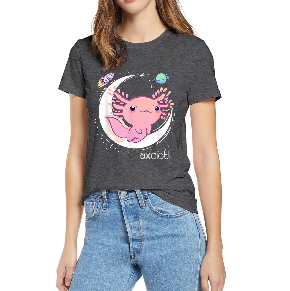 Galaxy Axolotl Landing on the Moon Cotton Tee-Enchanted peach