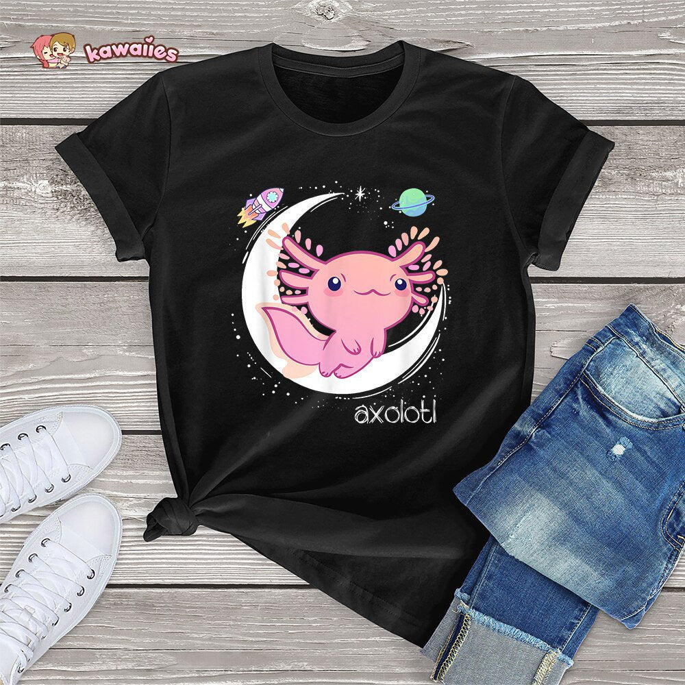 Galaxy Axolotl Landing on the Moon Cotton Tee-Enchanted peach