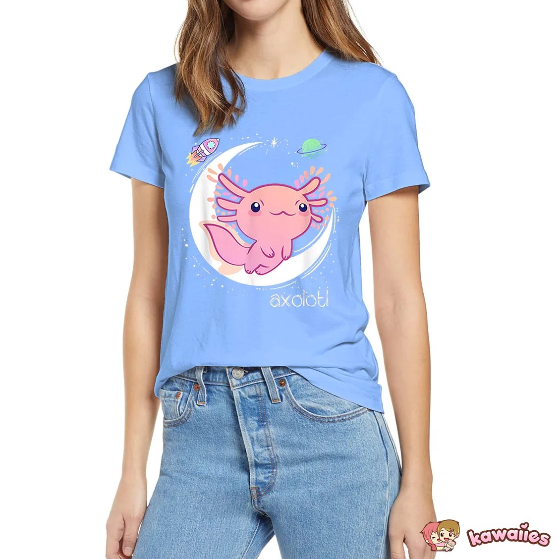 Galaxy Axolotl Landing on the Moon Cotton Tee-Enchanted peach