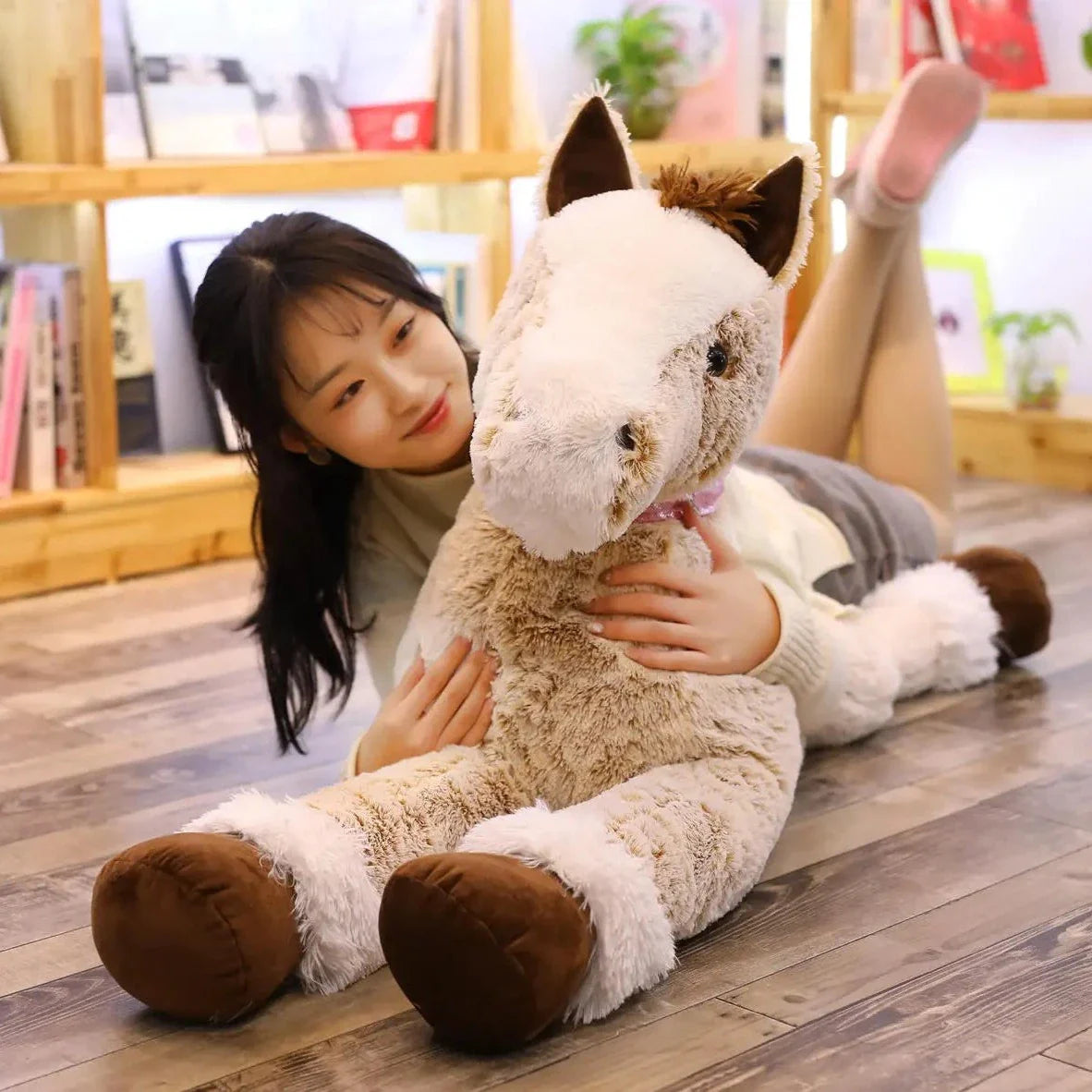 Giant Fluffy Brown Gray Horse Plushie-Enchanted peach