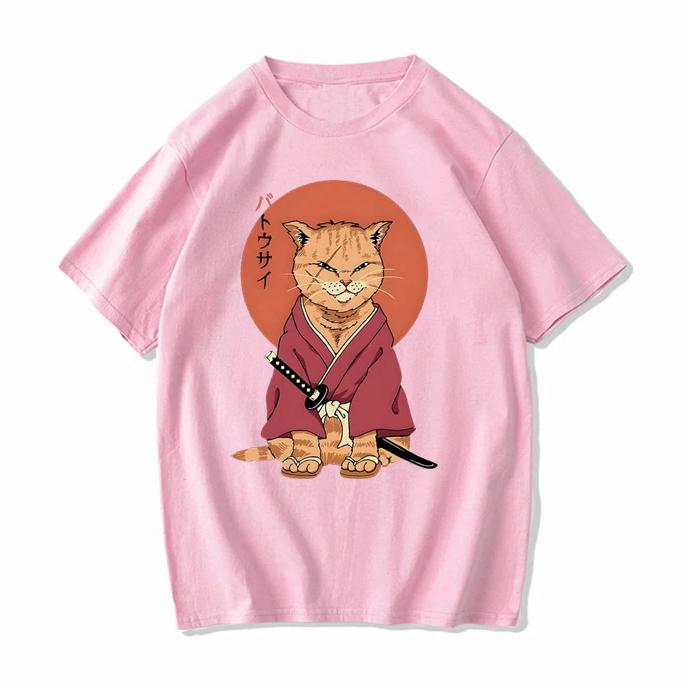 Ginger Samurai Cat Sun Unisex Tee-Enchanted peach