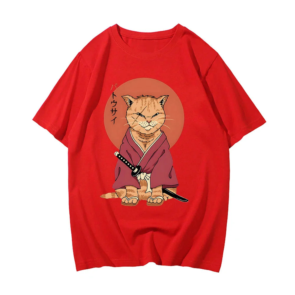 Ginger Samurai Cat Sun Unisex Tee-Enchanted peach