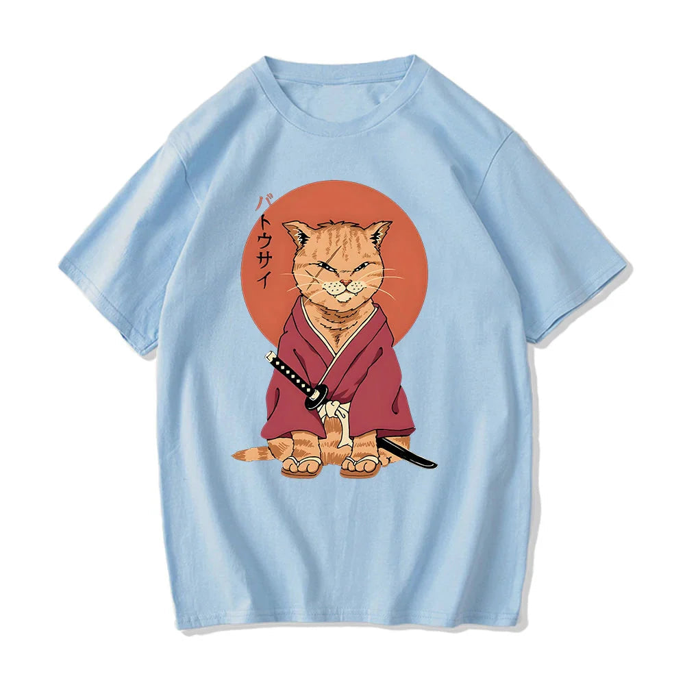 Ginger Samurai Cat Sun Unisex Tee-Enchanted peach