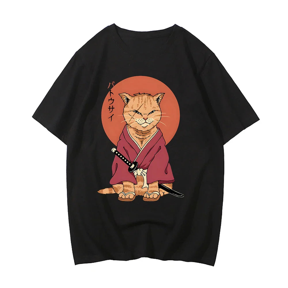 Ginger Samurai Cat Sun Unisex Tee-Enchanted peach