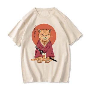 Ginger Samurai Cat Sun Unisex Tee-Enchanted peach