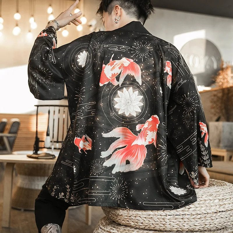 Golden Koi and Japanese Crane Men Kimono-Enchanted peach