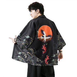 Golden Koi and Japanese Crane Men Kimono-Enchanted peach