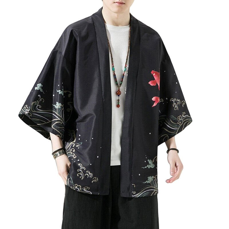 Golden Koi and Japanese Crane Men Kimono-Enchanted peach