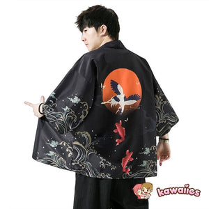 Golden Koi and Japanese Crane Men Kimono-Enchanted peach