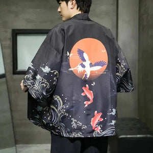 Golden Koi and Japanese Crane Men Kimono-Enchanted peach